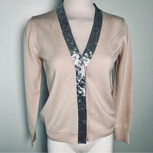 J. Crew 100% Merino Wool V-Neck Cardigan w/ Sequin Trim - Blush Pink, Taupe